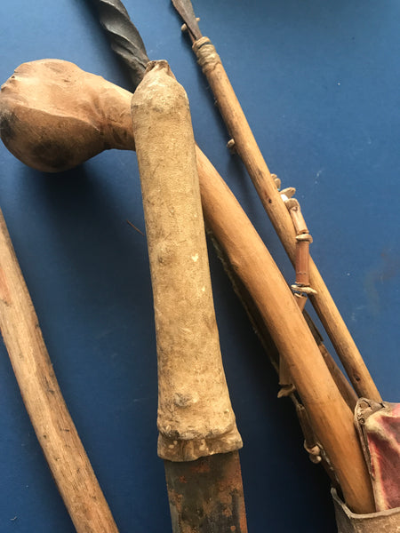 LATE 19TH CENTURY AFRICAN MAASAI HERDER'S GROUP WITH SWORD, BOW, ARROW, SPEAR, CLUB, GOURD - arustocracy