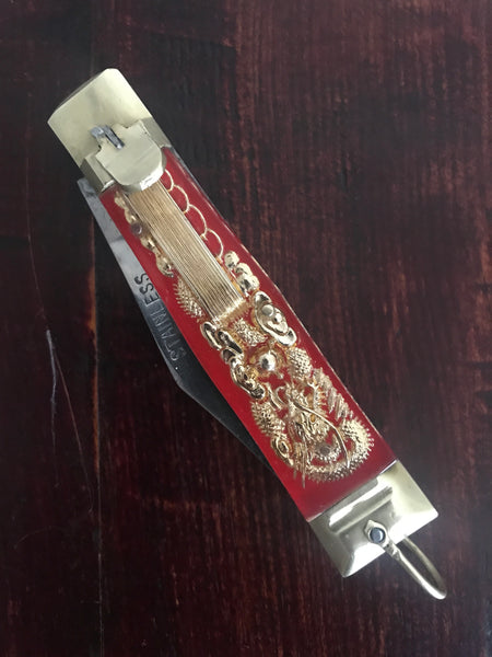 VINTAGE 1960S MEXICAN BULLFIGHTER MATADOR AND DRAGON THEME STAINLESS STEEL LOCK BLADE FOLDING KNIFE - arustocracy