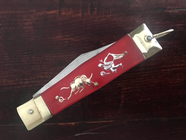 VINTAGE 1960S MEXICAN BULLFIGHTER MATADOR AND DRAGON THEME STAINLESS STEEL LOCK BLADE FOLDING KNIFE - arustocracy