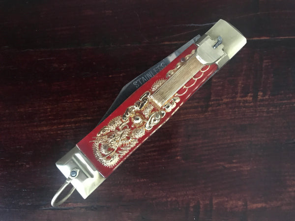 VINTAGE 1960S MEXICAN BULLFIGHTER MATADOR AND DRAGON THEME STAINLESS STEEL LOCK BLADE FOLDING KNIFE - arustocracy