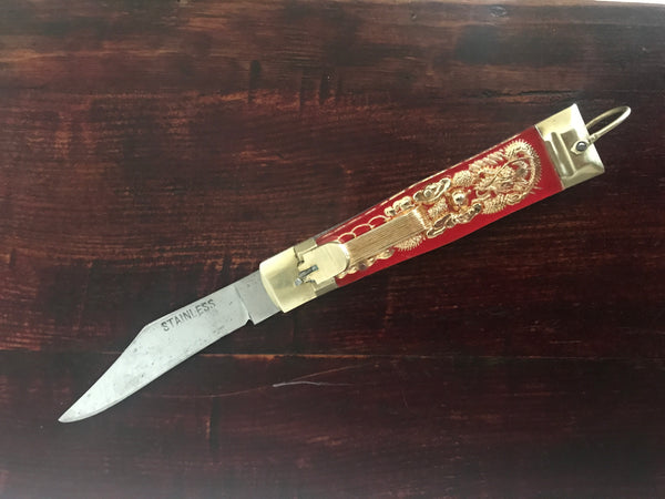 VINTAGE 1960S MEXICAN BULLFIGHTER MATADOR AND DRAGON THEME STAINLESS STEEL LOCK BLADE FOLDING KNIFE - arustocracy