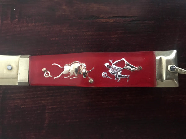 VINTAGE 1960S MEXICAN BULLFIGHTER MATADOR AND DRAGON THEME STAINLESS STEEL LOCK BLADE FOLDING KNIFE - arustocracy