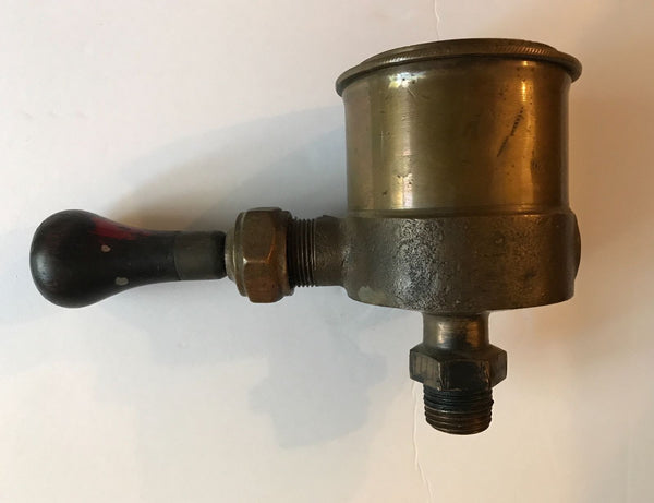 ANTIQUE BRASS OILER LUBRICATOR HIT MISS PRIMER STEAM VALVE WOOD KNOB - arustocracy