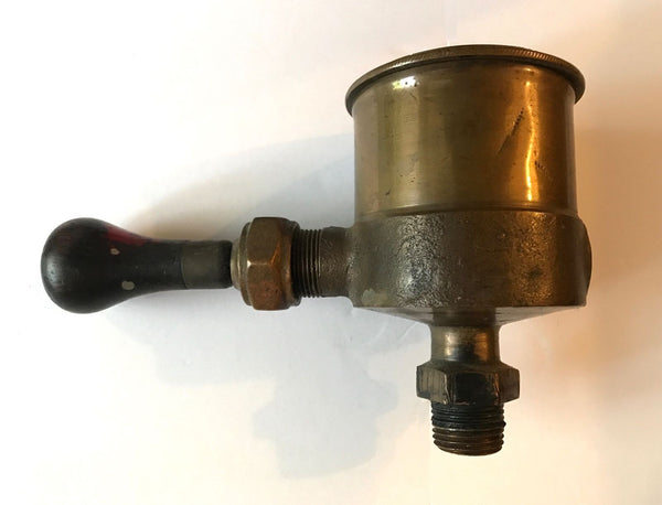 ANTIQUE BRASS OILER LUBRICATOR HIT MISS PRIMER STEAM VALVE WOOD KNOB - arustocracy