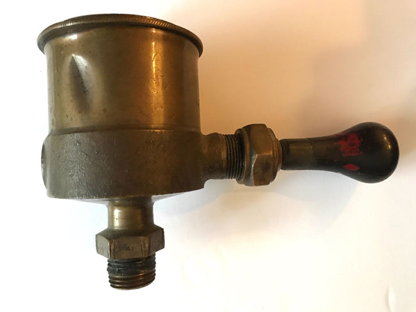 ANTIQUE BRASS OILER LUBRICATOR HIT MISS PRIMER STEAM VALVE WOOD KNOB - arustocracy