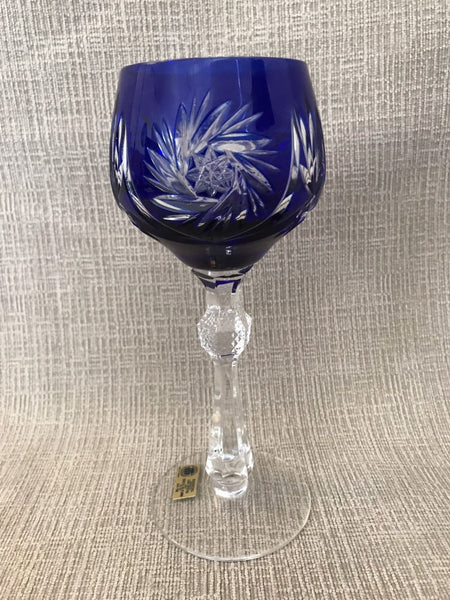 COBALT BLUE CRYSTAL WINE GLASS GOBLET HOCK CUT TO CLEAR TRITSCHLER GERMANY - arustocracy