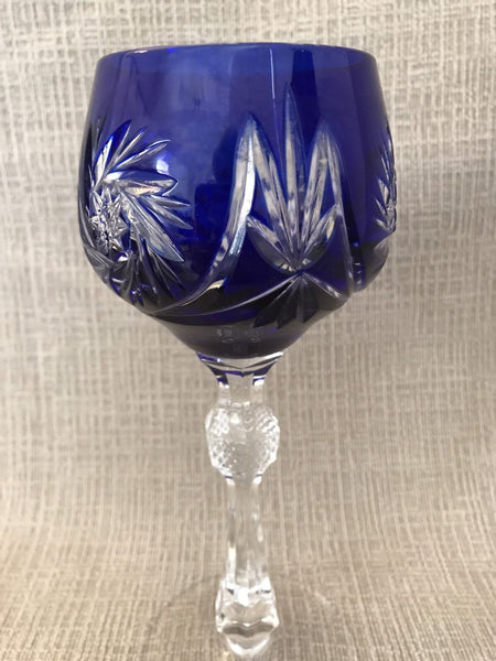COBALT BLUE CRYSTAL WINE GLASS GOBLET HOCK CUT TO CLEAR TRITSCHLER GERMANY - arustocracy