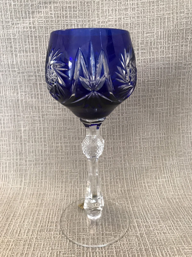 COBALT BLUE CRYSTAL WINE GLASS GOBLET HOCK CUT TO CLEAR TRITSCHLER GERMANY - arustocracy