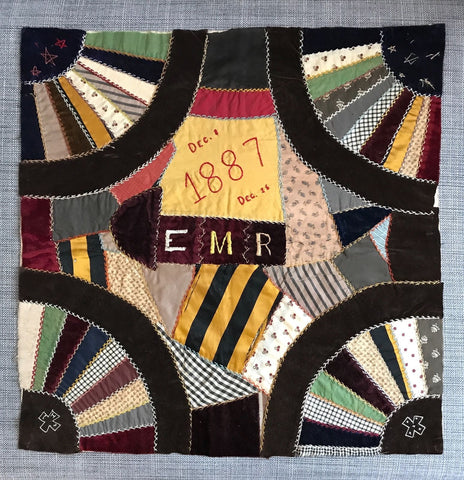 SMALL ANTIQUE CRAZY QUILT 1887 VELVET SATIN COTTON GREAT DESIGN 22 1/4 X 22 1/4 - arustocracy