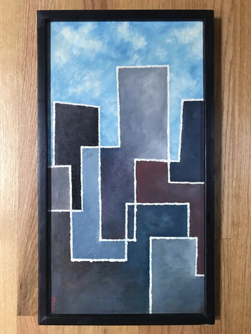 SIGNED ABSTRACT SKYSCRAPERS CITYSCAPE OIL PAINTING ON BOARD 1950S 1960S - arustocracy