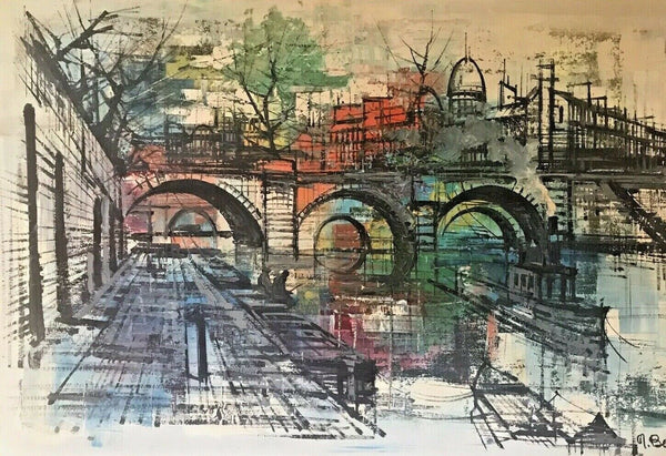 SIGNED ABSTRACT IMPRESSIONISM CITYSCAPE OIL PAINTING ON CANVAS STEAM BOAT & BRIDGE 1950S 1960S - arustocracy