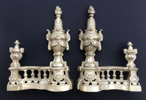 ANTIQUE FRENCH BRONZE ANDIRONS - CHENETS LOUIS XVI STYLE FIREPLACE LION'S HEAD - arustocracy
