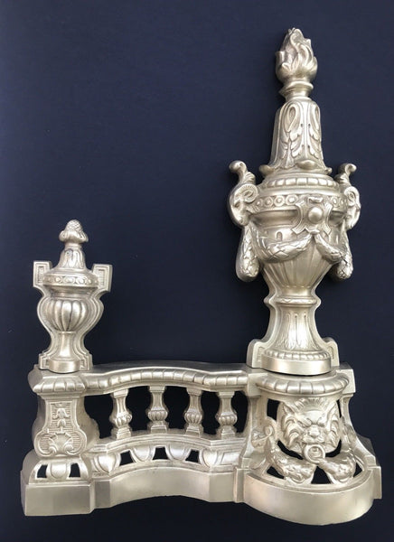 ANTIQUE FRENCH BRONZE ANDIRONS - CHENETS LOUIS XVI STYLE FIREPLACE LION'S HEAD - arustocracy