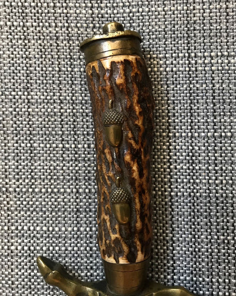 GERMAN HUNTING ASSOCIATION DAGGER SWORD CUTLASS ACORNS HOOVES CLAMSHELL TRIPLE EDGED BLAD & STAG ANTLER HANDLE - arustocracy