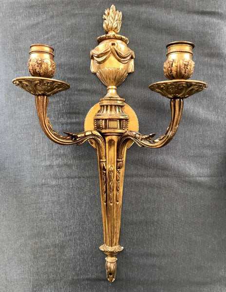 PAIR 19TH CENTURY GILT BRONZE DORE FRENCH LOUIS XVI STYLE TWO LIGHT SCONCES - arustocracy