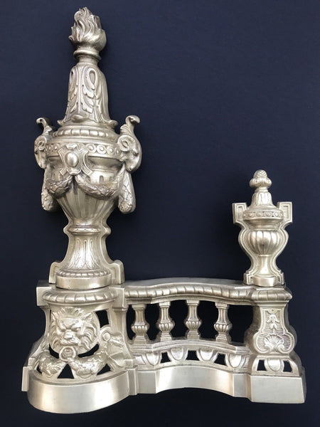 ANTIQUE FRENCH BRONZE ANDIRONS - CHENETS LOUIS XVI STYLE FIREPLACE LION'S HEAD - arustocracy