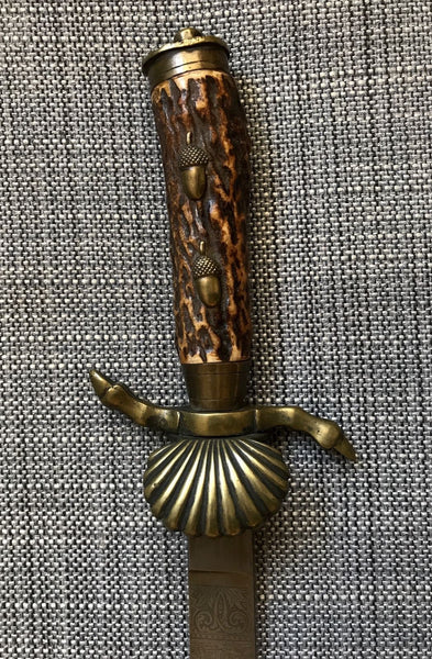 GERMAN HUNTING ASSOCIATION DAGGER SWORD CUTLASS ACORNS HOOVES CLAMSHELL TRIPLE EDGED BLAD & STAG ANTLER HANDLE - arustocracy