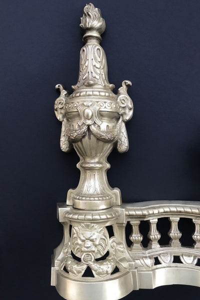 ANTIQUE FRENCH BRONZE ANDIRONS - CHENETS LOUIS XVI STYLE FIREPLACE LION'S HEAD - arustocracy