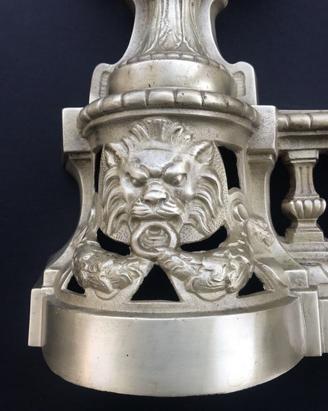 ANTIQUE FRENCH BRONZE ANDIRONS - CHENETS LOUIS XVI STYLE FIREPLACE LION'S HEAD - arustocracy