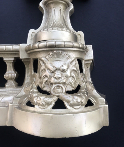 ANTIQUE FRENCH BRONZE ANDIRONS - CHENETS LOUIS XVI STYLE FIREPLACE LION'S HEAD - arustocracy