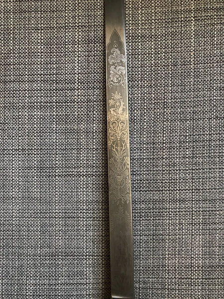 GERMAN HUNTING ASSOCIATION DAGGER SWORD CUTLASS ACORNS HOOVES CLAMSHELL TRIPLE EDGED BLAD & STAG ANTLER HANDLE - arustocracy